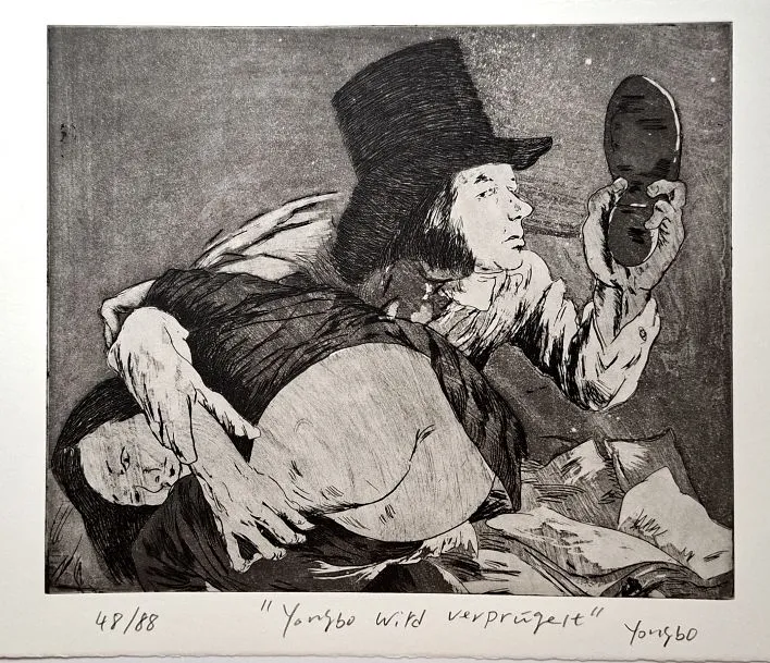 Zhao Yongbo (*1964): Yongbo wird verprügelt. - (Radierung / signiert, betitelt, Blatt 48 von 88)