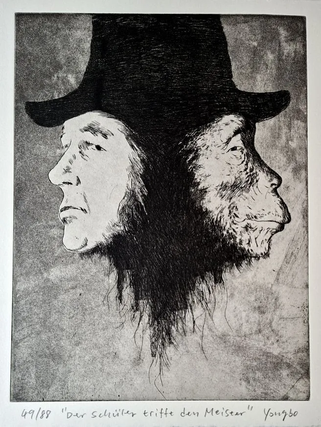 Zhao Yongbo (*1964): Der Schüler trifft den Meister. - (Radierung / signiert, betitelt, Blatt 49 von 88)