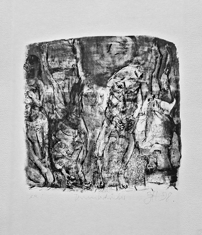Johannes Heisig: Drunterdrüber. - (Lithographie / 1998, signiert u. nummeriert, Auflage: ca. 50 Ex.)