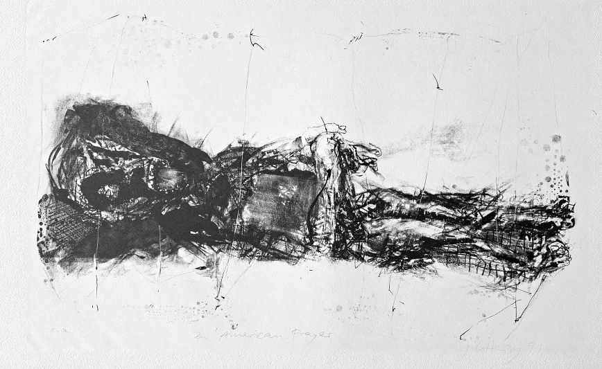 Johannes Heisig: American Prayer. - (Lithographie / 1991, signiert u. mit e.a. als Künstlerexemplar gekennzeichnet,  Auflage: ca. 50 Ex.)