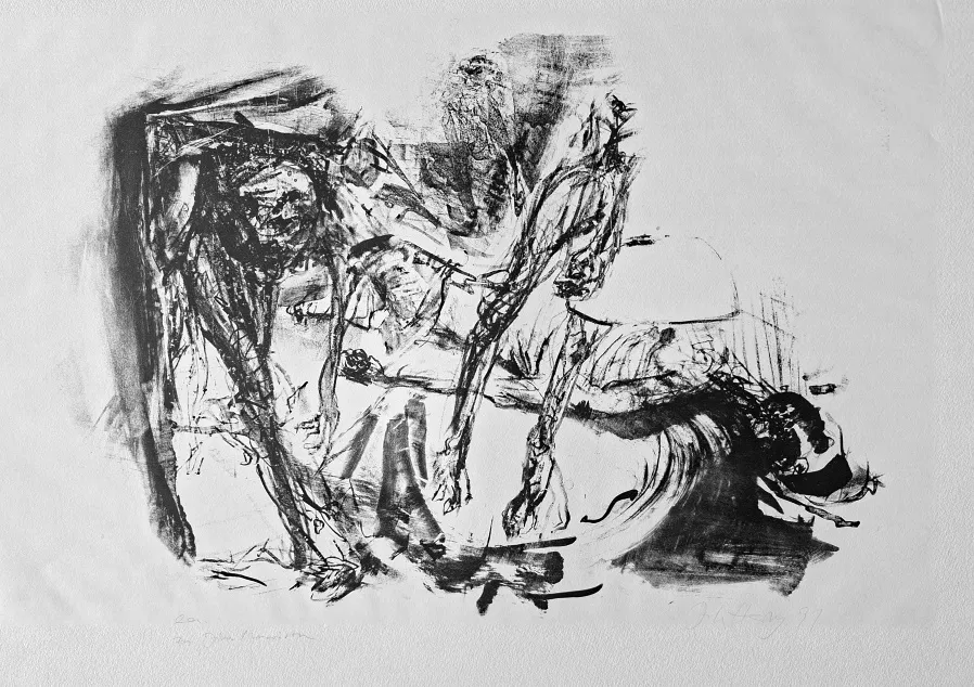 Johannes Heisig: zu Jim Morrison. - (Lithographie / 1991, signiert u. mit e.a. als Künstlerexemplar gekennzeichnet,  Auflage: ca. 50 Ex.)