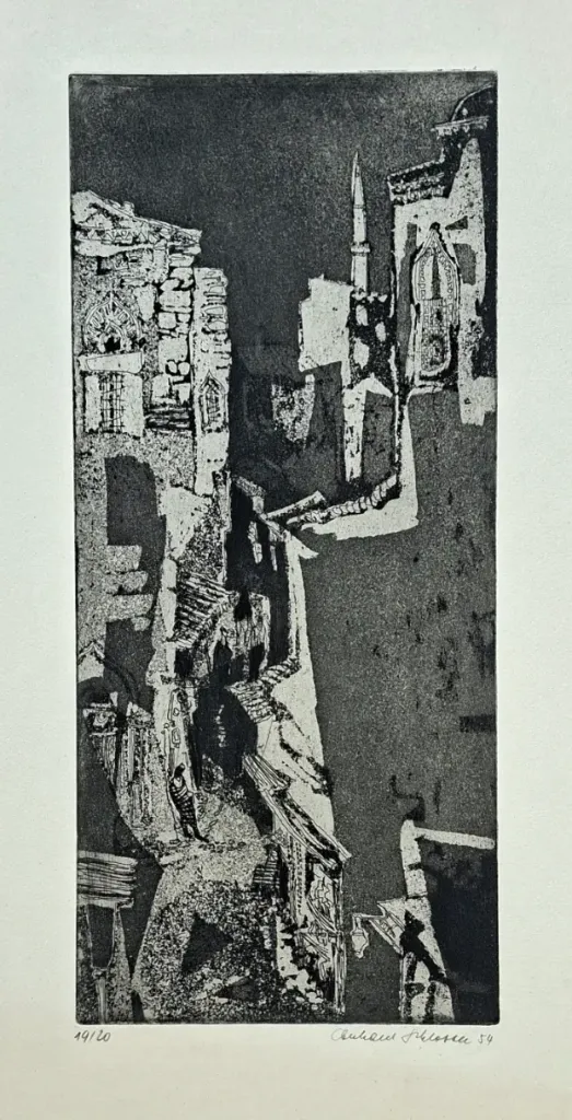 Eberhard Schlotter: Orientalische Stadt. - (Aquatinta-Radierung / 1954, signiert u. num. mit Blatt 19 von 20 Ex.)