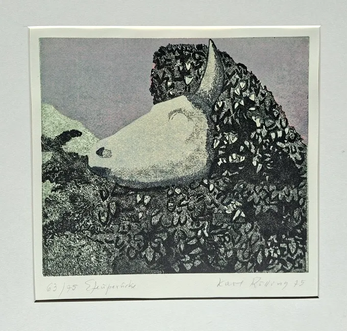 Karl Rössing: Stier mit Efeuperücke Die Efeuperücke. - (Farb-Linolschnitt / 1975, signiert, bez. u. num., Auflage: 75)