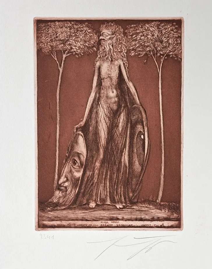 Ernst Fuchs: Flora Okuli - (brauntonige Originalradierung / 1975, signiert u. num. mit Nr. 9341 von 10.000 Ex.)