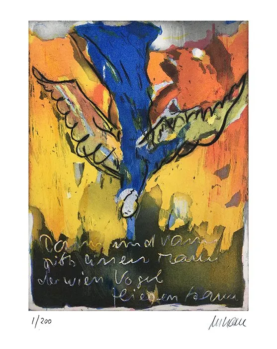 Dann und wann gibts einen Mann der wien Vogel fliegen kann - (Vorzugsgraphik mit Buch; Farbradierung / 2018, signiertes Blatt, "épreuves d'artiste"-Druck)