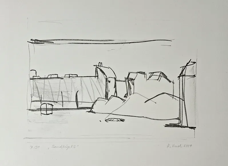 Karsten Kusch: Verladehof - (schwarz-weiss Lithographie auf Bütten / 2007, signiert, bez. u. num. Auflage: 30 Ex.)