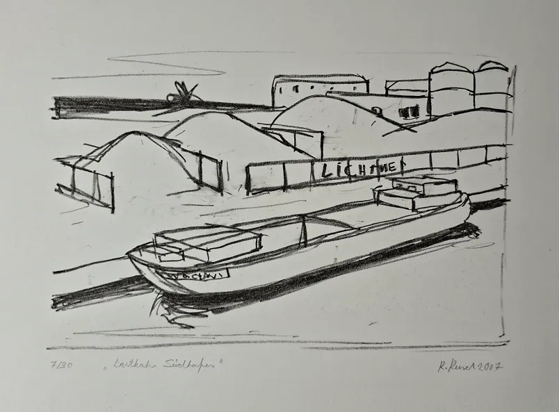 Karsten Kusch: Lastkahn Südhafen - (schwarz-weiss Lithographie auf Bütten / 2007, signiert, bez. u. num. Auflage: 30 Ex.)