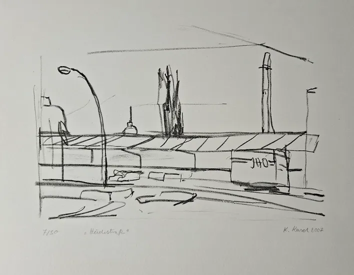 Karsten Kusch: Heidestraße - (schwarz-weiss Lithographie auf Bütten / 2007, signiert, bez. u. num. Auflage: 30 Ex.)