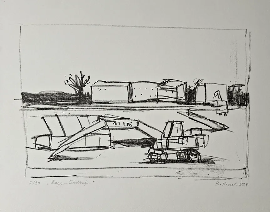 Karsten Kusch: Bagger Südhafen - (schwarz-weiss Lithographie auf Bütten / 2007, signiert, bez. u. num. Auflage: 30 Ex.)