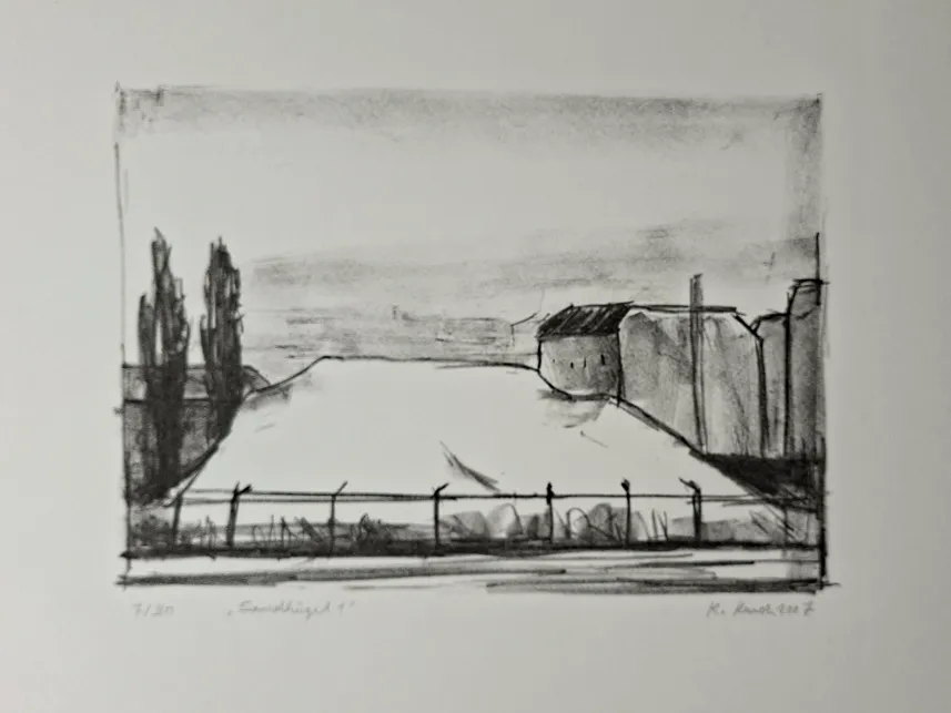 Karsten Kusch: Sandhügel 1 - (schwarz-weiss Lithographie auf Bütten / 2007, signiert, bez. u. num. Auflage: 30 Ex.)