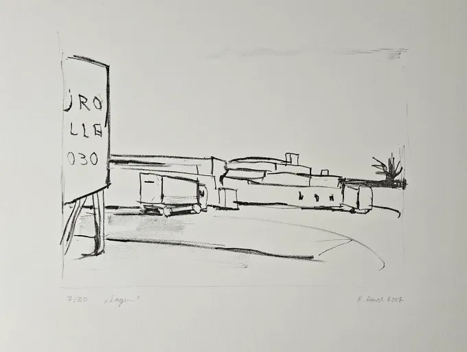 Karsten Kusch: Lager - (schwarz-weiss Lithographie auf Bütten / 2007, signiert, bez. u. num. Auflage: 30 Ex.)