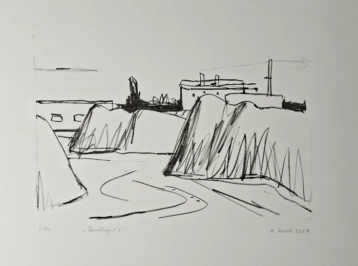 Karsten Kusch: Sandhügel 2 - (schwarz-weiss Lithographie auf Bütten / 2007, signiert, bez. u. num. Auflage: 30 Ex.)