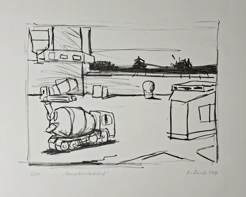Karsten Kusch: Zementverladehof - (schwarz-weiss Lithographie auf Bütten / 2007, signiert, bez. u. num. Auflage: 30 Ex.)
