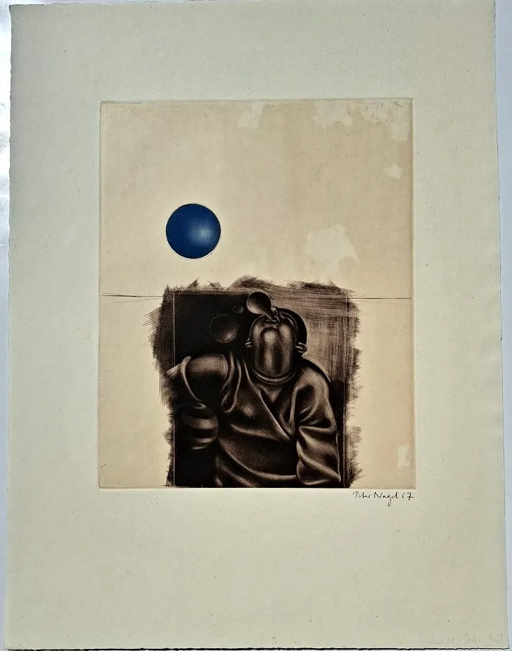 Peter Nagel: Junge mit Ballon -  Kaugummieblasen - (farb. Aquatinta-Radierung / 1967, signiert)
