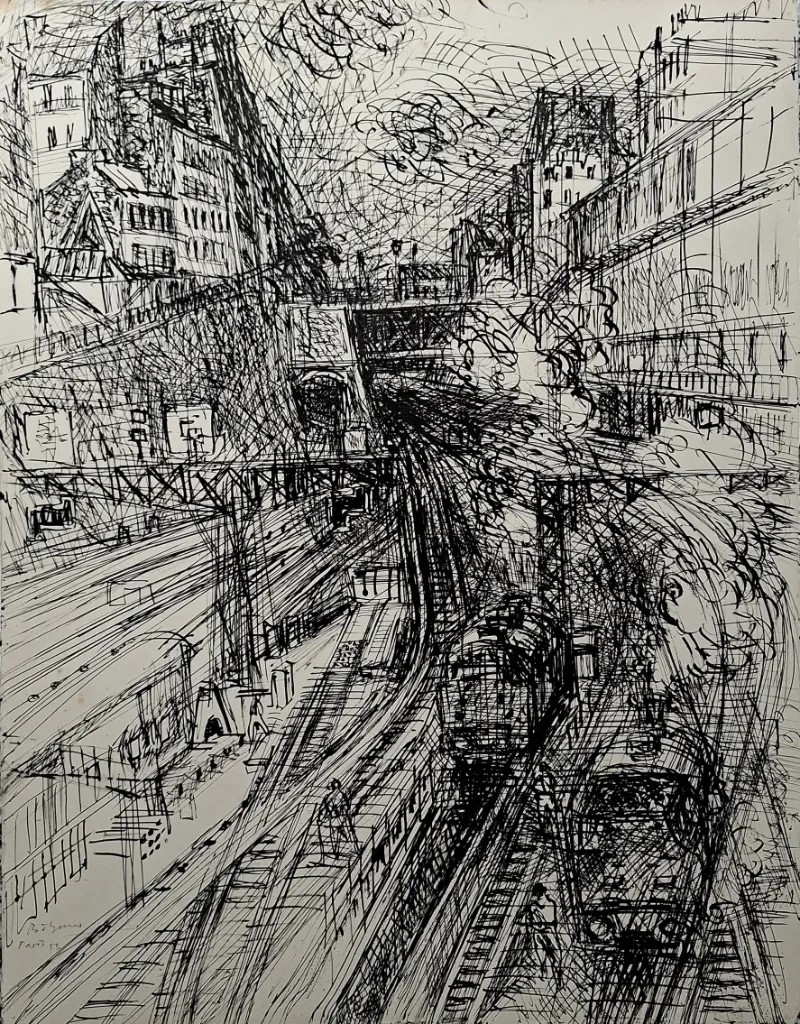 Gunter Böhmer: Metro-Station in Paris (Original-Tuschezeichnung / 1953, signiert, bezeichnet u. datiert)