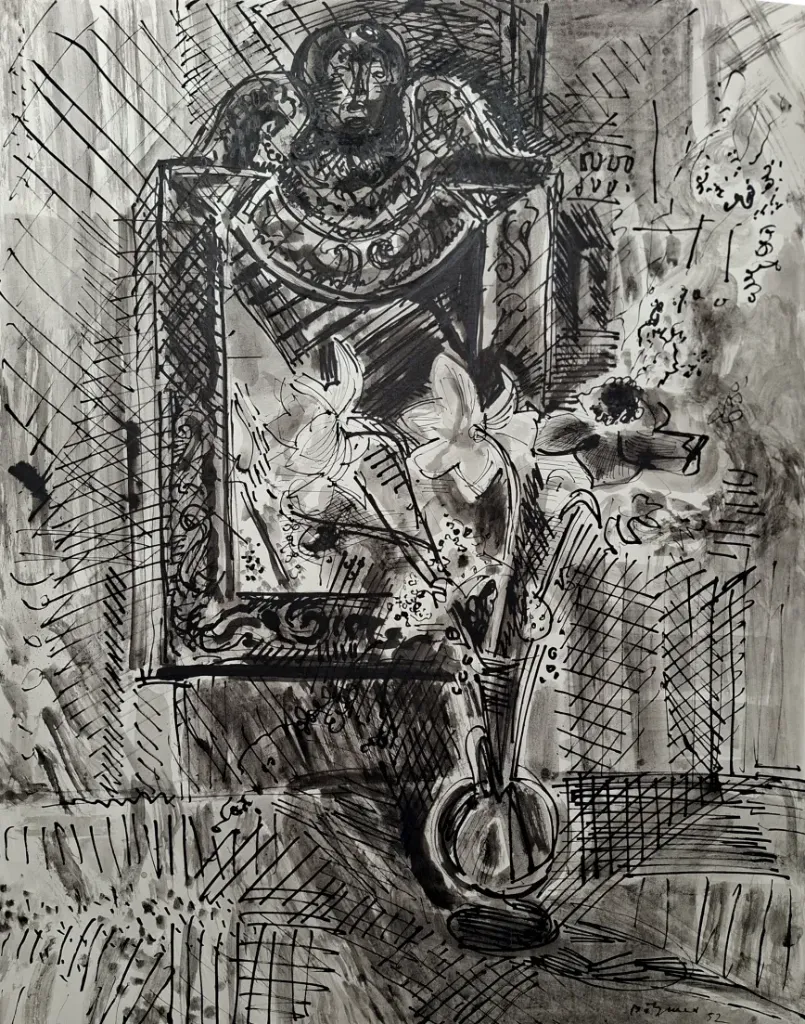 Gunter Böhmer: Stilleben / Vase -  (Original-Tuschezeichnung / 1952, signiert u. datiert)