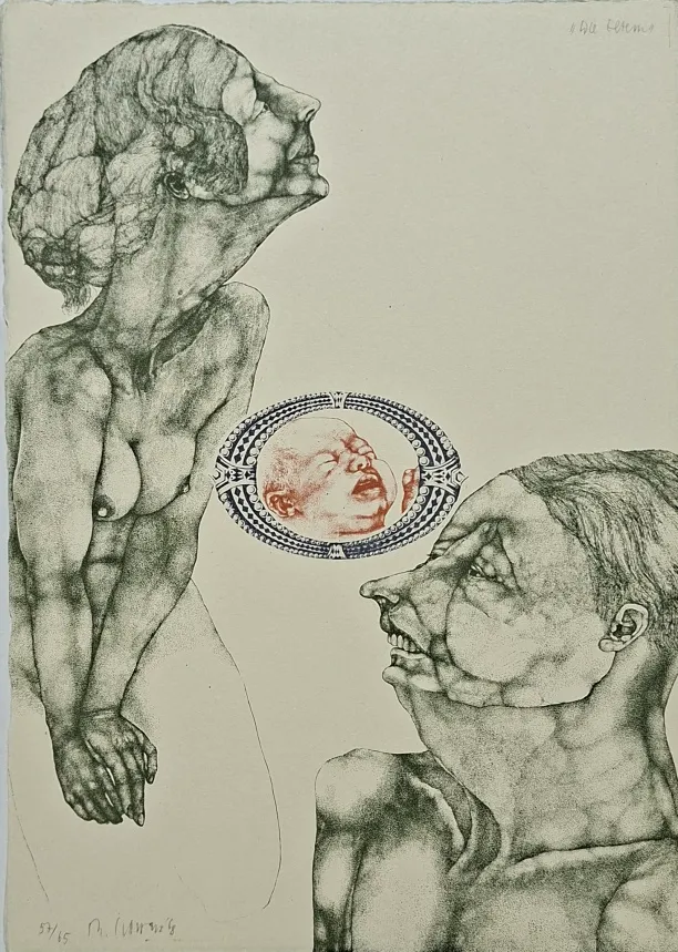 Reiner Schwarz: Die Eltern - (Farblithographie / 1968, signiert u. nummeriert mit 57 von 65 Ex.)