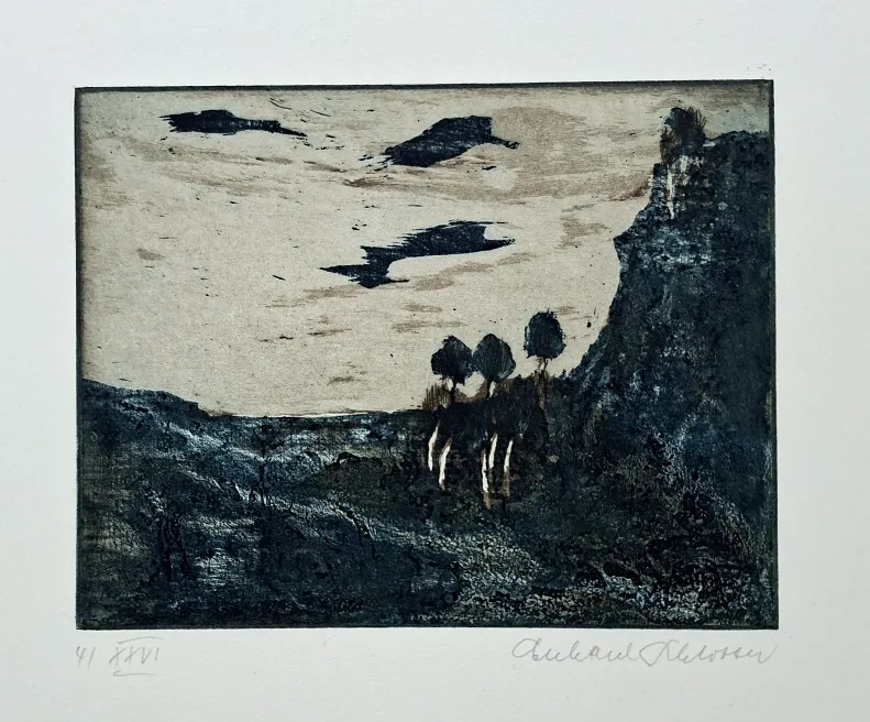 Eberhard Schlotter: Landschft. - (Aquatinta-Farbradierung, signiert u. num. mit Blatt 4 von XXVI Ex.)