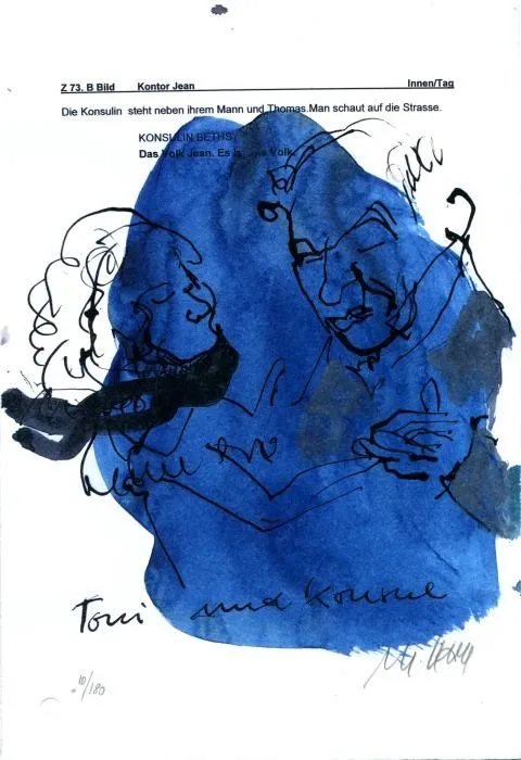 Tochter Toni und Vater Jean Buddenbrook - (Farblithographie auf Drehbuchtext 'Buddenbrooks'/ 2008, num. u. signiertes Blatt, Auflage 180 Ex.)