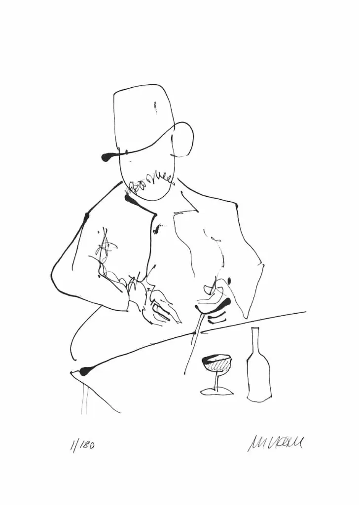 Selbst nach Dreharbeiten zu Buddenbrooks - mit Wein und Glas / (Lithografie, num. u. signiertes Blatt, Auflage: 180 Ex.)