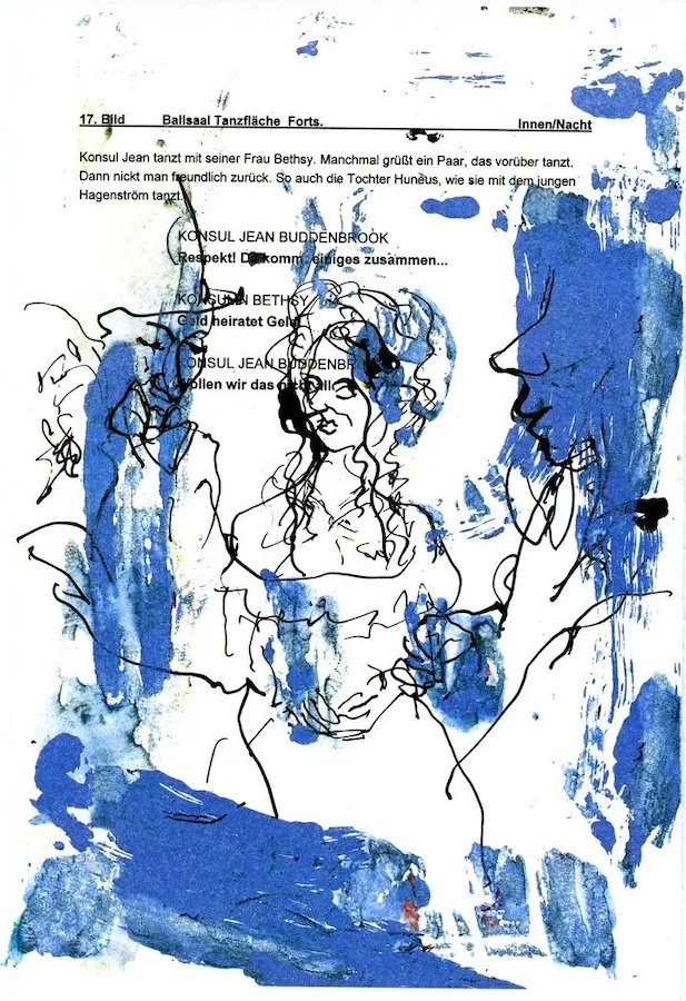 Auf dem Ball - (Farblithographie auf Drehbuchtext 'Buddenbrooks' / 2008, num. u. signiertes Blatt, Auflage: 180 Ex.)