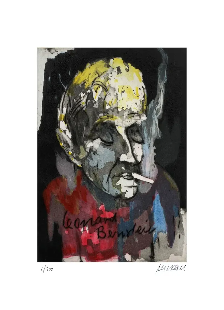 Leonard Bernstein - Vorzugsgrafik mit dem Buch "Jüdische Freunde/Jewish Friends" (2022) - (Farbradierung / num. u. signiertes Blatt, Auflage: 200 Ex.)